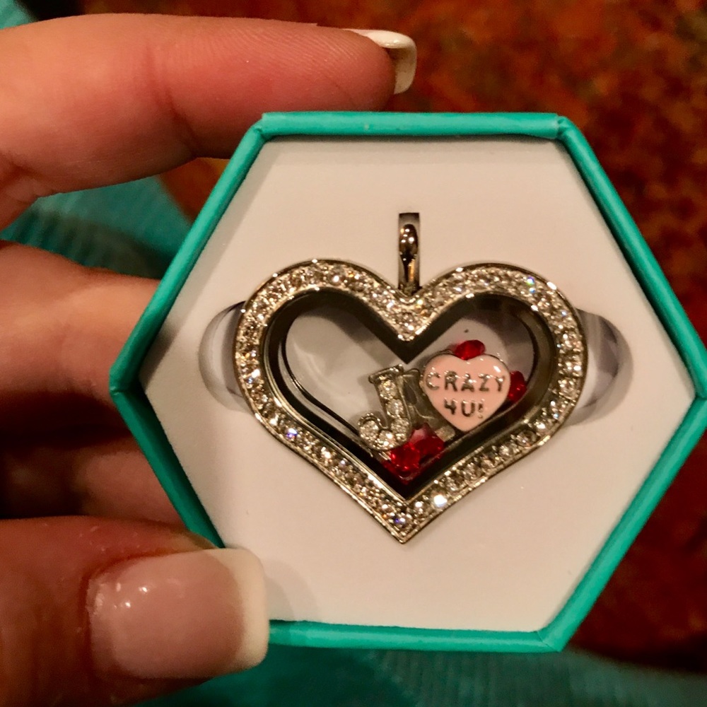 Origami owl locket with J and “Crazy 4 u!” Charms